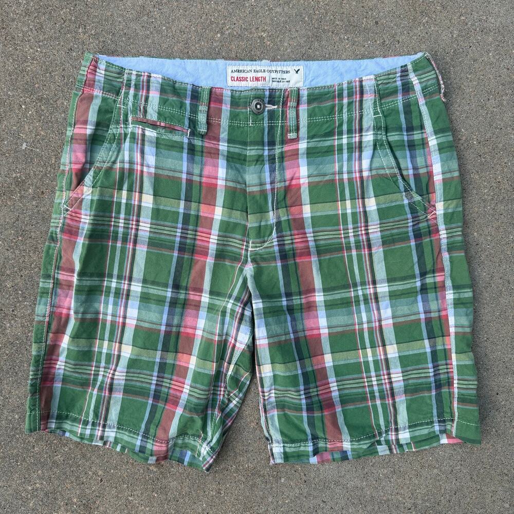 Y2K American Eagle Outfitters Classic Length Green Pink White Plaid Shorts 34